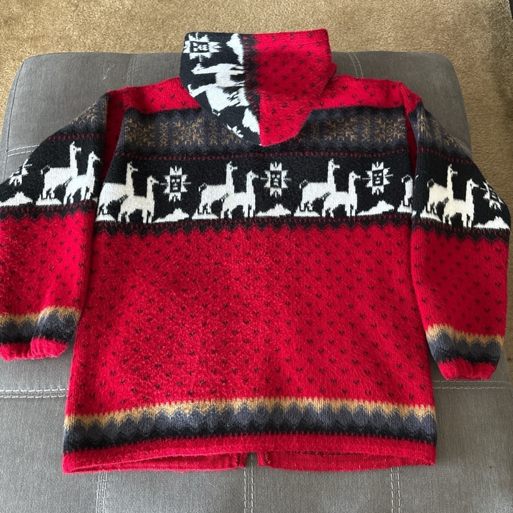 Vintage Artesanias Tuntaquimba Wool Full Zip  Hoodie Sz M Alpacas Red/Black - Picture 2 of 7